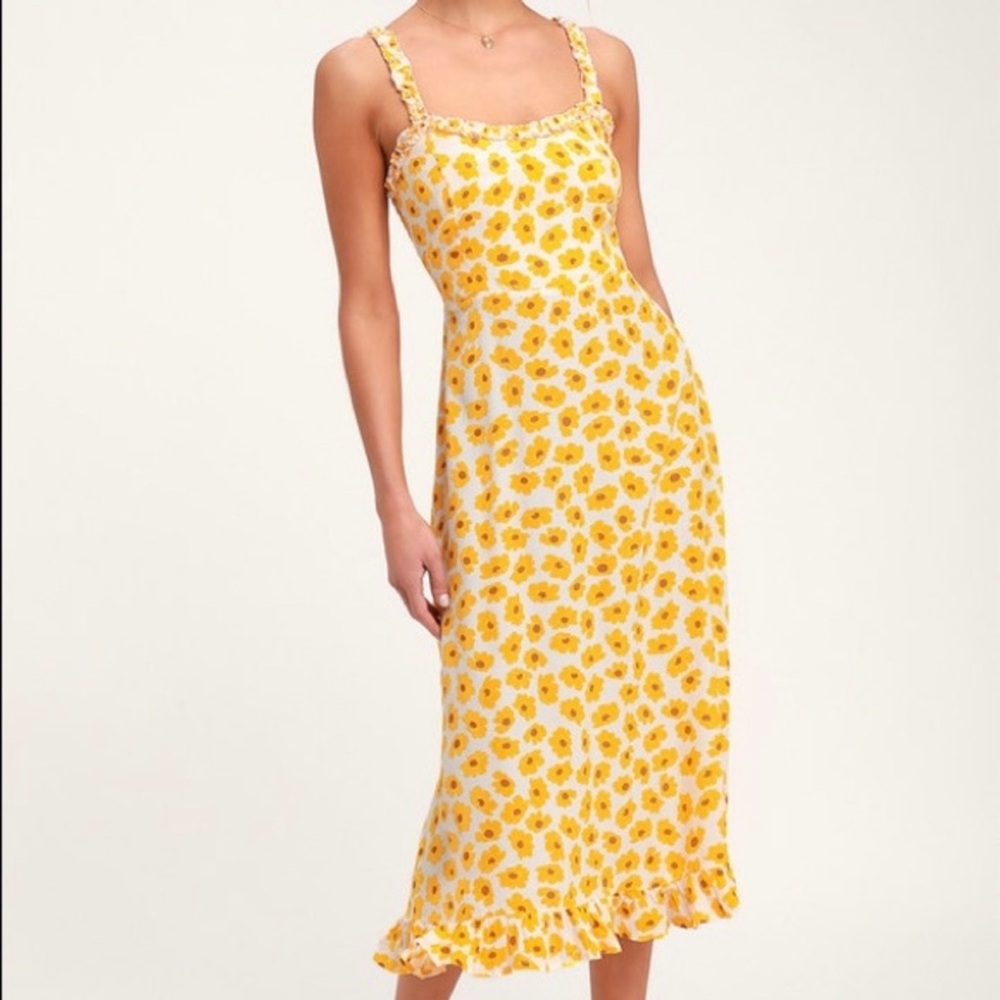 Faithfull Sunflower‎ Cottagecore Midi Dress Size 10 Floral Spring Ruffle Dress